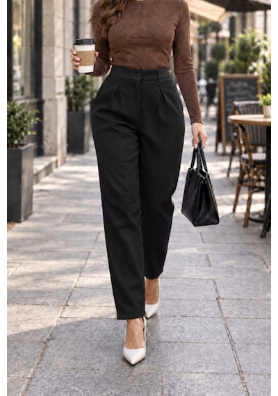 Butik İstanbul Yüksel Bel Pileli Paçalı Şık Pantolon Siyah