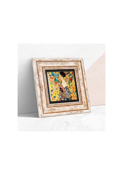 Gustav Klimt Yelpazeli Kadın Taş Duvar Tablosu - Çerçeveli Taş Tablo - Dekoratif Duvar Sanatı - Modern Ev Ve Ofis Duvar Dekoru T1-275