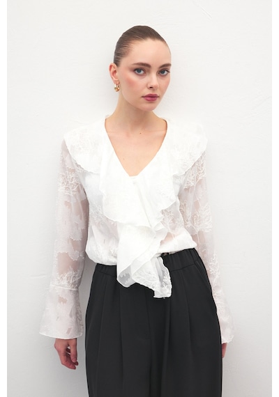 Sateen Fırfır Detaylı Nakışlı Gömlek - Ekru-137183 ekru