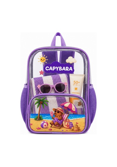 Capybara Lisanslı Şeffaf Çocuk Çantası - Hafif Ve Dayanıklı Şeffaf Sırt Lila