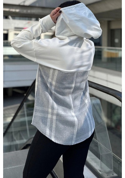 Kadın Ekru & Gri Ekose Garnili, Rahat Kesim, Kapüşonlu İki İplik Sweatshirt Gri