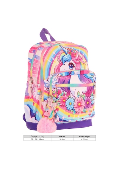 Kaukko Dört Bölmeli Kız Çocuk - Pembe Mor - Unicorn Baskılı - İlkokul Okul Sırt Çantası - L5249 Pembe - Mor