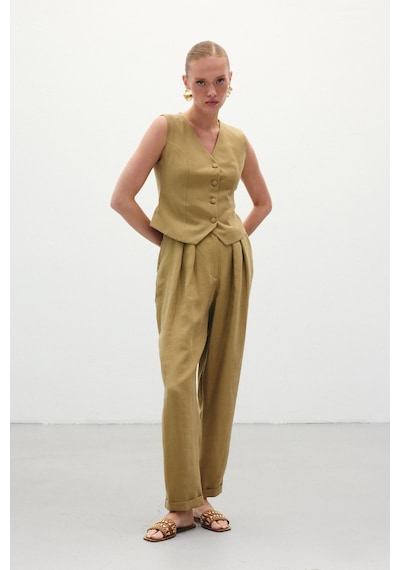 Sateen Salaş Keten Pantolon - Haki-136268 Haki