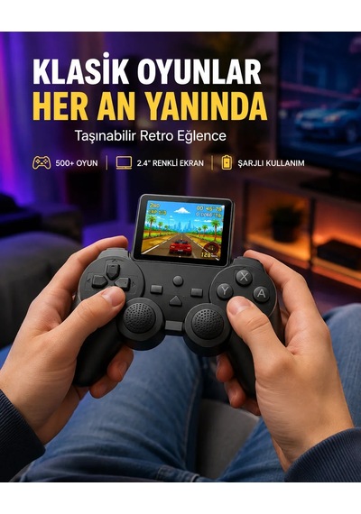 500 Dahili Oyunlu Taşınabilir Retro El Konsolu-2.4 İnç Renkli Ekranlı Çok Renkli