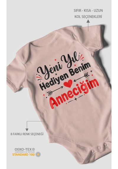 Morivokids Yeni Yıl Hediyen Benim Anneciğim Kısa Kollu Bebek Body %100 Pamuk Pastel Pembe