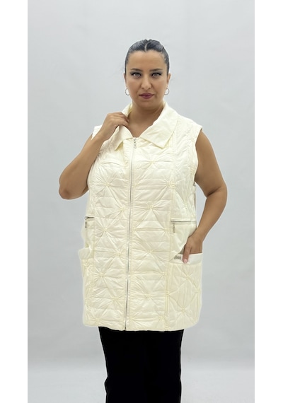 Büyük Beden Cepli Fermuarlı Oversize Kadın Uzun Yelek Beyaz