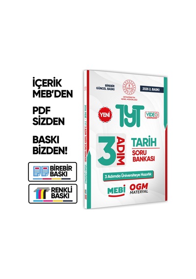 2026 TYT Mebi-ogm 3 Adım Tarih Soru Bankası Renkli A4 Boyut Video Çözüm Baskı Ücreti