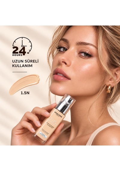 True Match Nemlendirici Likit Fondöten 30 Ml Hyaluronik Asitli, 24 Saat Kalıcı & Terlemeye Dayanıklı Doğal Bitiş 1.5N