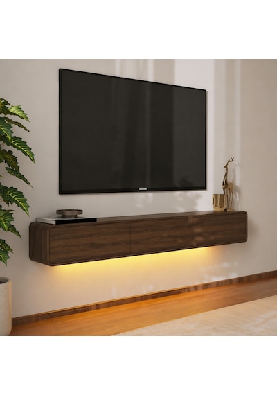 İnarch Dizayn Alba Led Işıklı Duvara Monte Tv Sehpası - 3 Kapaklı Tasarım Ceviz