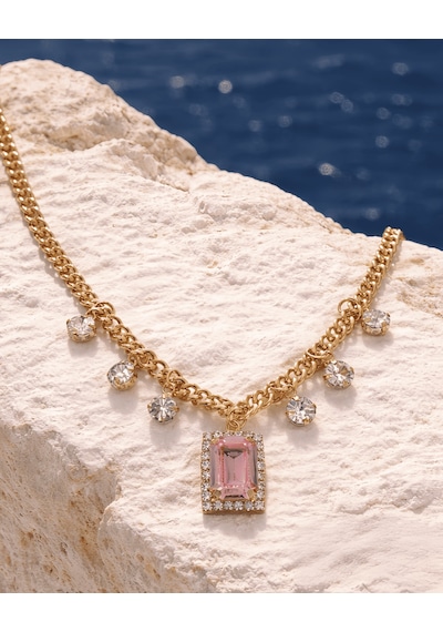 Baget Model Zirkon Taşlı Gold Pembe Renkli Çelik Kolye