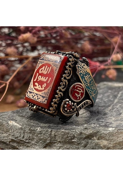 925 Ayar Gümüş Mührü Şerif İşlemeli Büyük Kasa Usta İşi Erkek Yüzük Gümüş