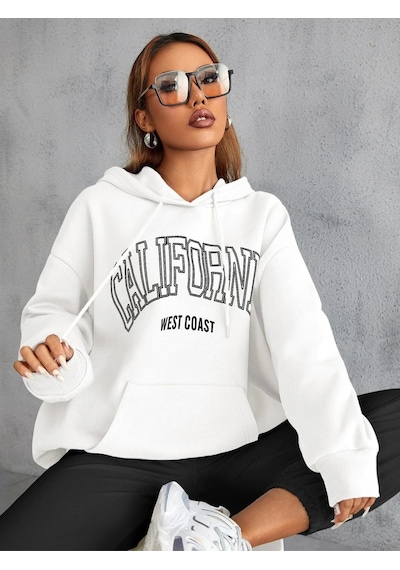 Unisex Calıfornia Baskılı Kapüşonlu Sweatshirt Beyaz Beyaz