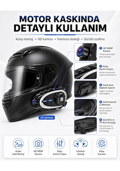Q29 İntercom Kulaklık Kask Kulaklığı 1080p Hd Kameralı Hafıza Kart Takılabilir İntercom Desteği Mikrofonlu 5.4 .ift Çekirdekli Su Geçirmez Gürültü Azaltma Hafıza Kartı Dahil