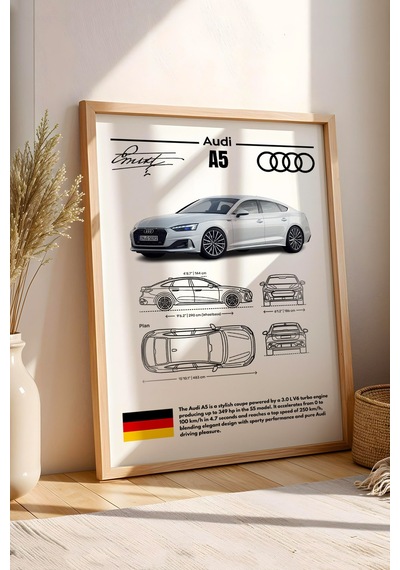 Audi A5 Tablo - Teknik Özellikli Alman Spor Coupe Poster - Çerçeveli Duvar Dekoru - Araba Blueprint Kayın