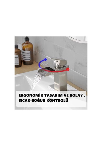 Rena Design Lavabo Bataryasi Inox Şelale Kare Gövde Eğimli Havza Banyo Armatür Çift Giriş Lüks Ergonamik Mat Gri Inox Mat Gri