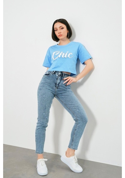 Taş İşlemeli Chic Baskı T-shirt-mavi Mavi
