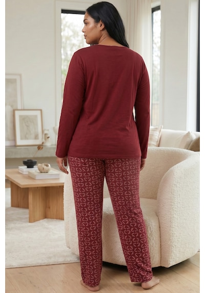 Siyah İnci Nakışlı Pamuklu Likralı Büyük Beden Battal Boy Örme Pijama Takım 26240905 Bordo
