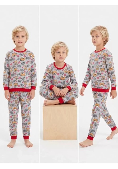 Veraura Lifestyle 4/10 Yaş Ayıcık Baskılı Pamuk Penye Çocuk Pijama Takımı Kırmızı