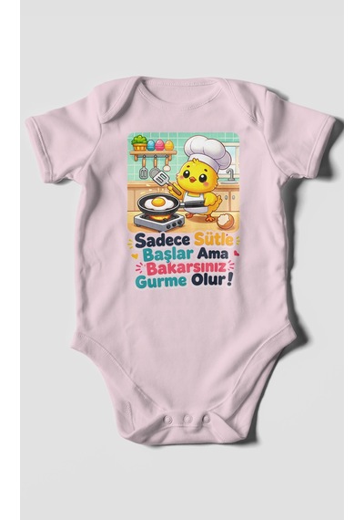 Morivokids Sadece Sütle Başlar Yazılı Kısa Kollu Bebek Body %100 Pamuk Bebe Pembe