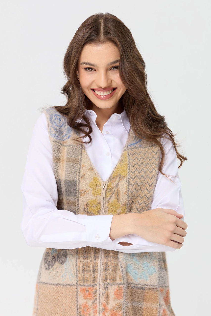 Desen Triko Kadın V Yaka Patchwork Yelek Bej Bej