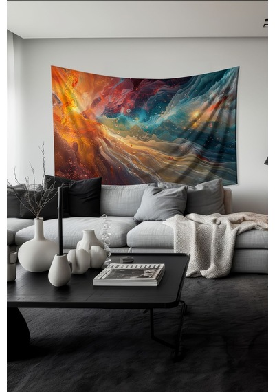 Kozmik Renkler Desenli Duvar Halısı Duvar Örtüsü Tapestry Süet Dokulu Kumaş