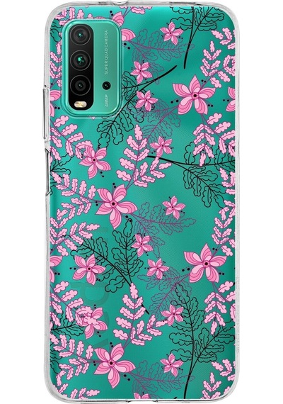 Xiaomi Poco M3 Uyumlu Kapak Floral Pembe Tasarımlı Şeffaf Silikon Kılıf