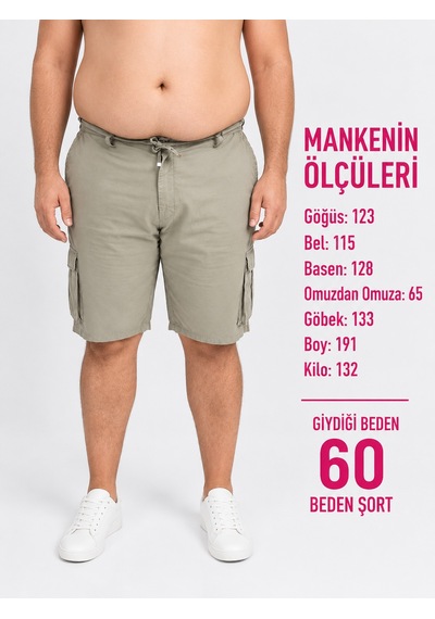 Büyük Beden Beli Yandan Lastikli Bağcıklı Fermuarlı Kargo Cepli Erkek Şort Yeşil