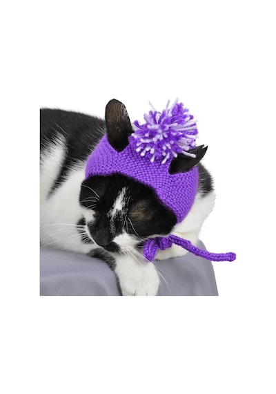 Örme Kedi Şapkası Mor Renk Yılbaşı Şapkası