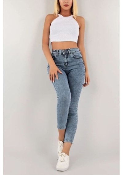 Pena Mavi Kar Yıkama Skinny Jean Kadın Power Likralı Pantolon Mavi