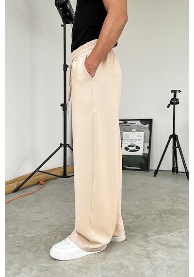 Bej Dokulu Basic Baggy Pantolon Bej