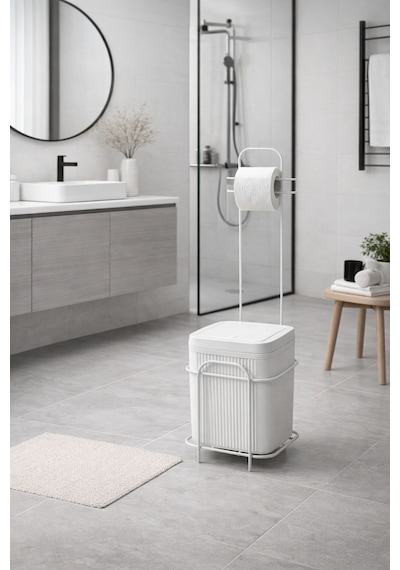 Decorev Metal Standlı Click Kapaklı Banyo Kovası & Tuvalet Kağıtlıklı Banyo Seti Beyaz