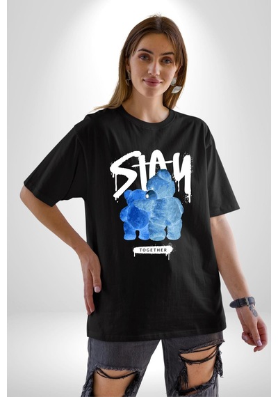 Birlikte Kal Pamuklu Bisiklet Yaka Unisex Oversize Boyfriend Dijital Baskılı Siyah T-shirt Siyah