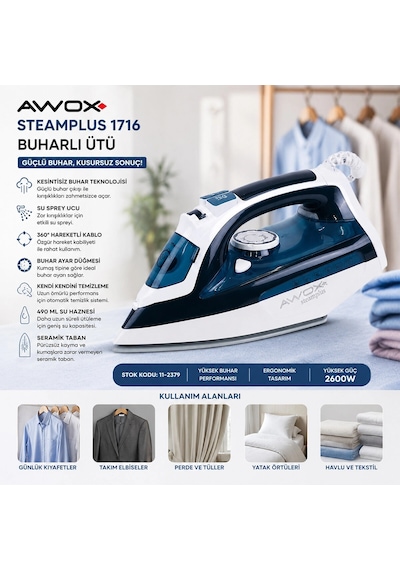 Koyu Mavi - Beyaz Buharlı Ütü Seramik Taban - 360 Hareketli Kablo - Buhar Ayarlama 2100w Steamplus-1716 5047