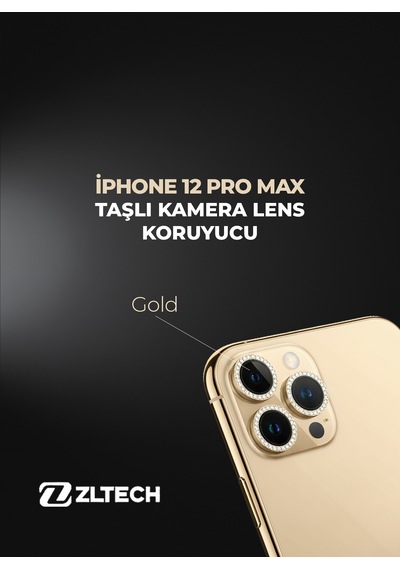İphone 12 Pro Max Uyumlu Taşlı Kamera Lens Koruyucu Gold