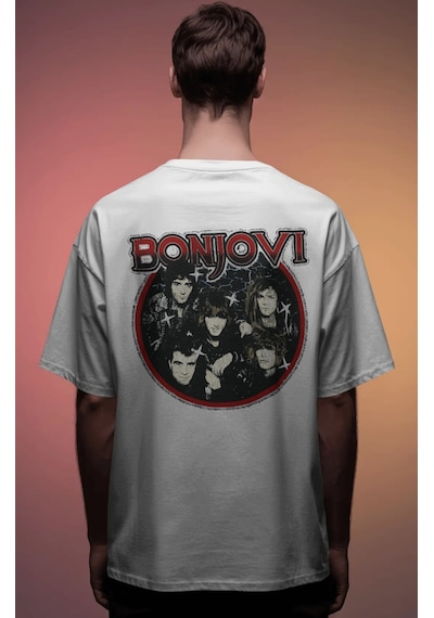 Bonjovi Rock Metal Şarkıcı Baskılı Unisex Oversize Premium Tişört Beyaz