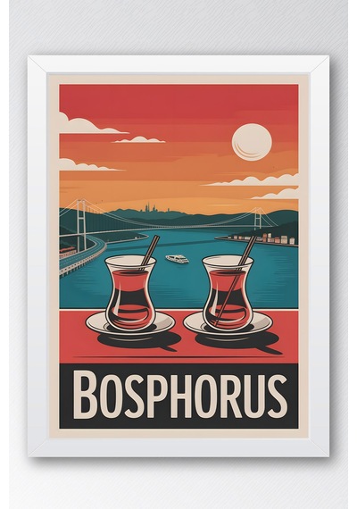 İstanbul Boğazı Tablo - Bosphorus Retro Travel Poster - Çay Keyfi Manzaralı Duvar Dekoru - Çerçeveli Beyaz