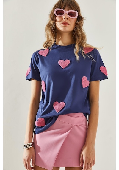 Shade Kadın Süzene Kalp Nakışlı Basic T-shirt 60251208 - Lacivert