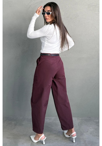 Madmext Mürdüm Modern Kesim Kemerli Yüksek Bel Bol Paça Kumaş Pantolon Mg2618 Mürdüm