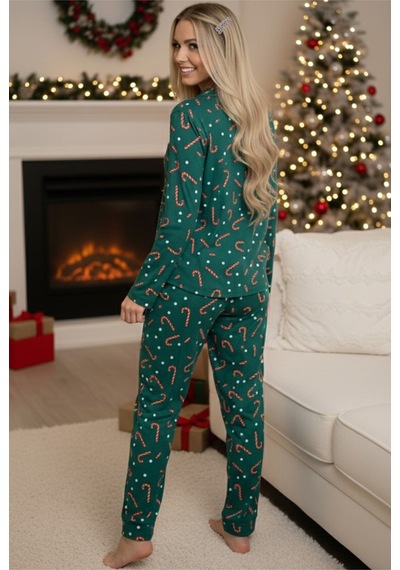 Siyah İnci Örme Düğmeli Pijama Takımı 7602 Yeşil Baston
