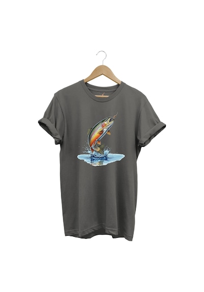 Zıpkınlanan Alabalık Tasarımlı Balıkçılık Temalı %100 Pamuk Unisex Regular Fit T-shirt Gri