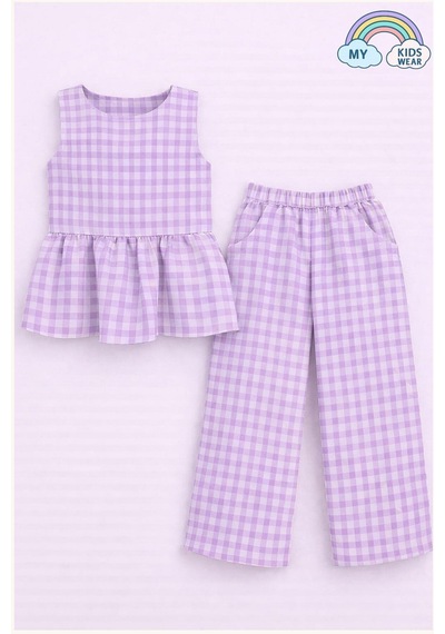 My Kids Wear Kız Çocuk Pötikareli Peplum Bluz Ve Pantolon Takımı 12694 Lila