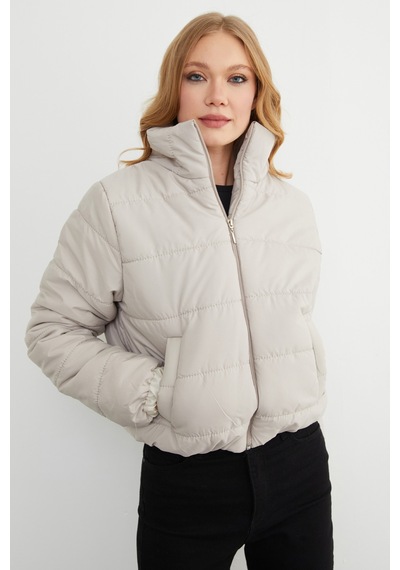 Fullamoda Beli Lastikli Crop Şişme Mont Taş