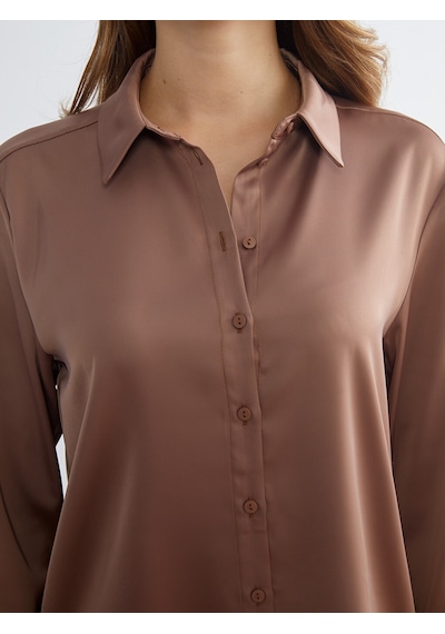 Lcwaıkıkı Classic Kahverengi Oversize Saten Kadın Gömlek