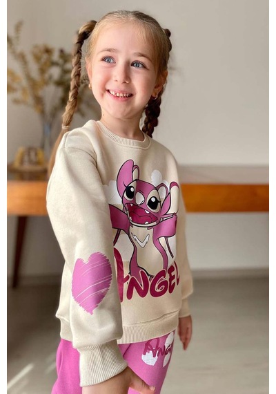 Riccotarz Kız Çocuk Stitch Karakter Ve Angel Yazı Baskılı Pembe Eşofman Takım Pembe