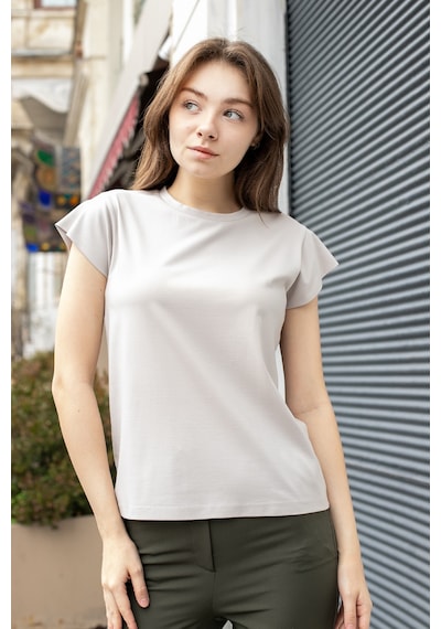 Kadın İpeksi Kumaş Geniş Sıfır Yaka Kısa Kol Tshirt Bluz-taş Taş