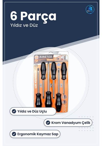 Tornavida Seti 6 Parça Yıldız Ve Düz Krom Vanadyum Çelik Ergonomi