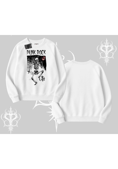 Biskilet Sweatshirt Punk Rock Chaos Skeleton Riot Beyaz