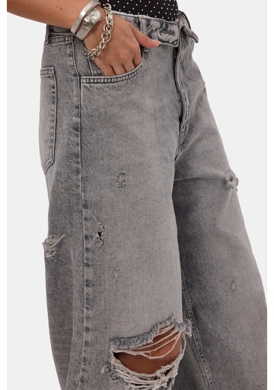 Kadın Füme 4s6-12 Straight Fit Kemer Detaylı Özel Tasarım Denim Jean