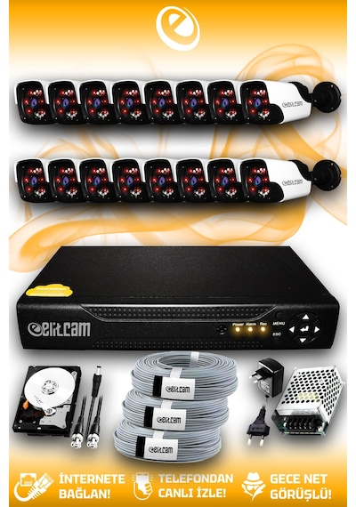 Elitcam 16 Kameralı Panda 16 Dış Kamera Set 2 TB HDD Full HD Gece Görüşlü Güvenlik Kamerası Sistemi