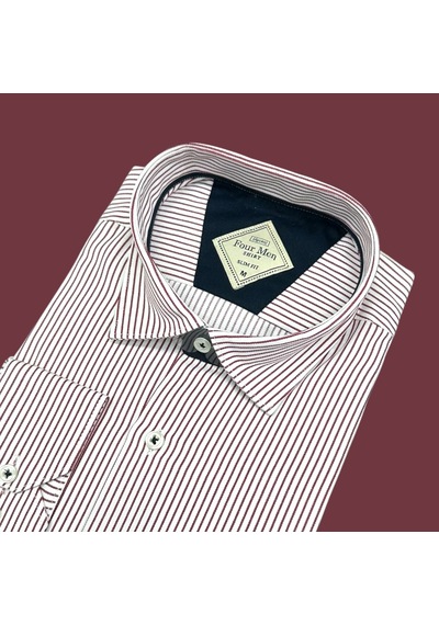 Linen Slim Fit Pamuklu Çizgili Yakası Gizli Düğmeli Gömlek Slim Fit Kalıp Bordo